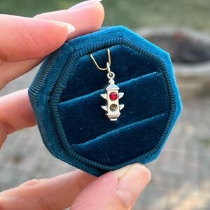Vintage Sterling Silver Stoplight Charm with Red Rhinestone- .8 grams